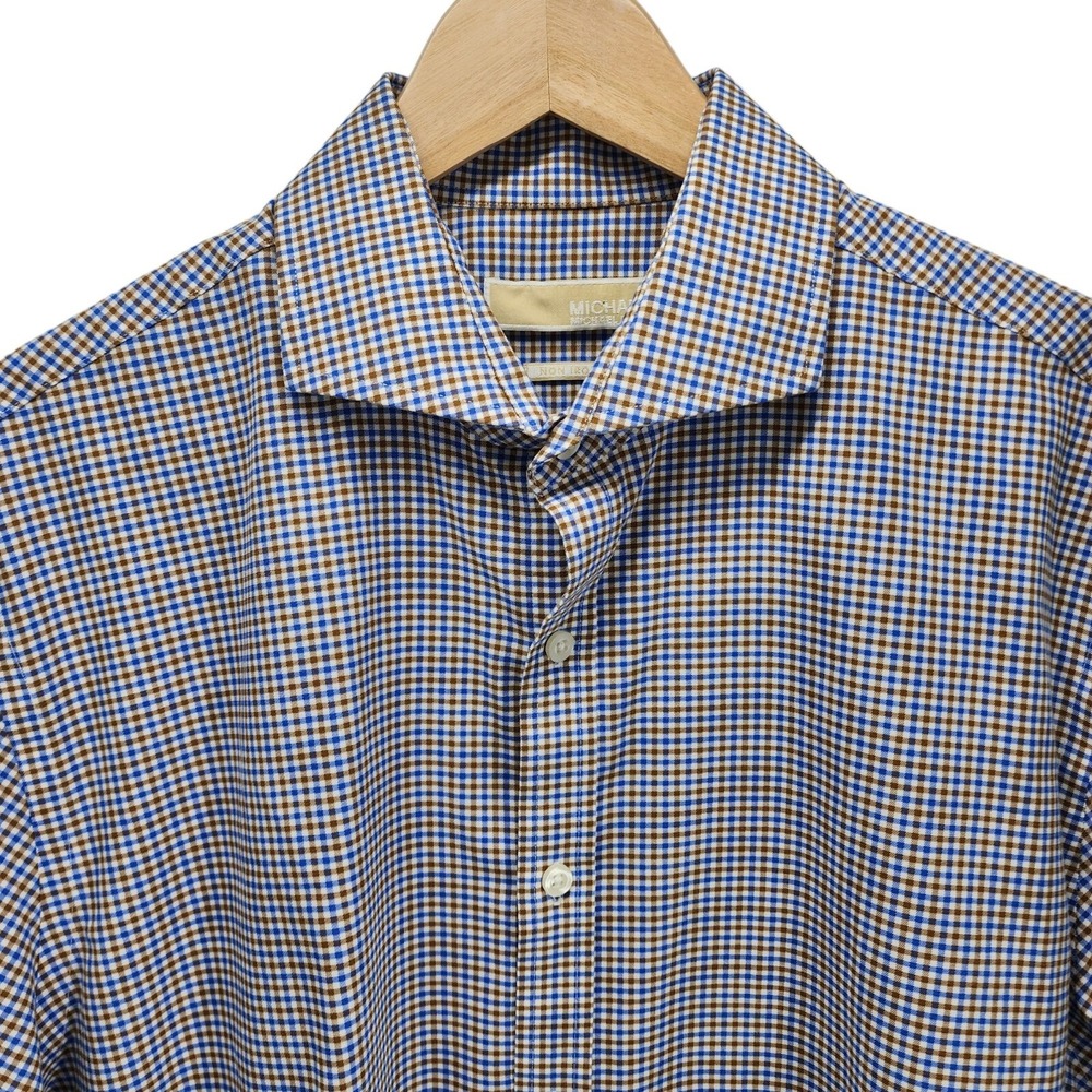 Michael‎ Kors Mens Blue Brown Gingham Check Non Iron Dress Shirt 17 32/33